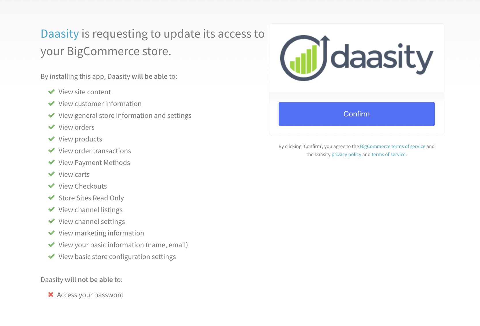 Check the box and click Conform to authorize Daasity access to your BigCommerce store.